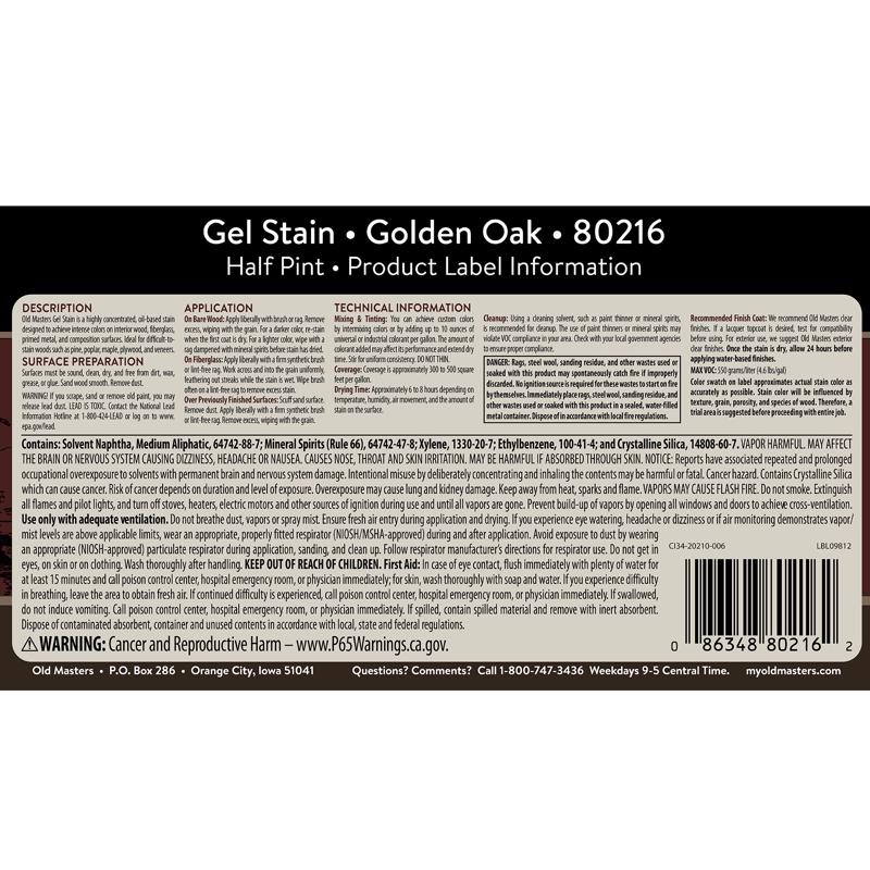 Old Masters Semi-Transparent Golden Oak Oil-Based Alkyd Gel Stain 1/2 pt