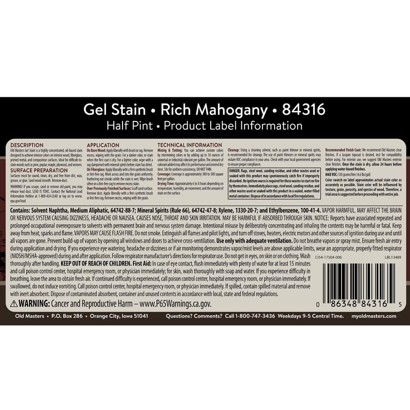 Old Masters Semi-Transparent Rich Mahogany Oil-Based Alkyd Gel Stain 1/2 pt