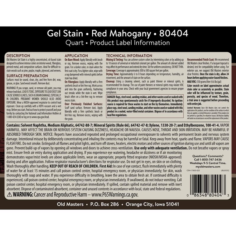 Old Masters Semi-Transparent Red Mahogany Oil-Based Alkyd Gel Stain 1 qt