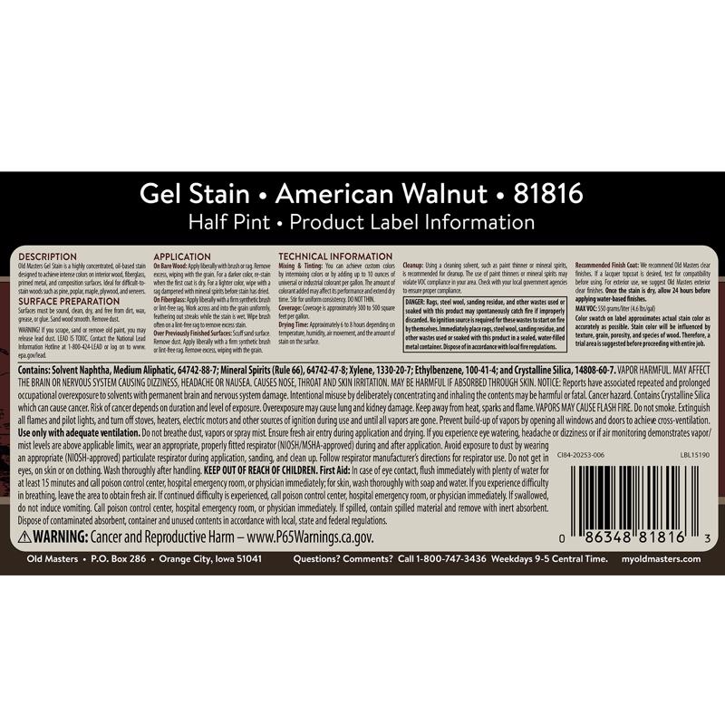 Old Masters Semi-Transparent American Walnut Oil-Based Alkyd Gel Stain 1/2 pt