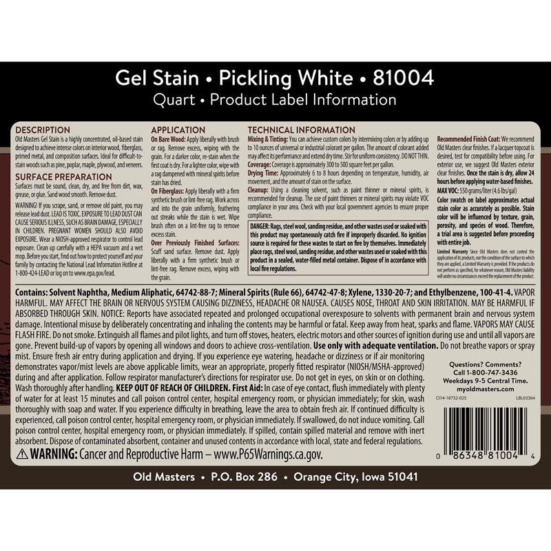 Old Masters Semi-Transparent Pickling White Oil-Based Alkyd Gel Stain 1 qt