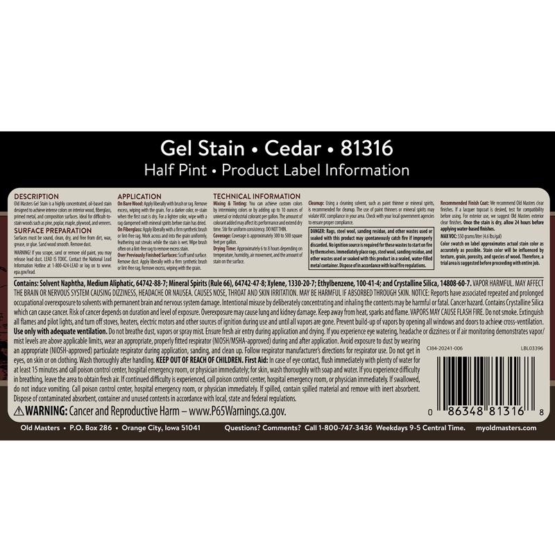 Old Masters Semi-Transparent Cedar Oil-Based Alkyd Gel Stain 1/2 pt