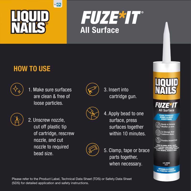 Liquid Nails Fuze-It All Surface High Strength Hybrid Adhesive Gray Adhesive 9 oz