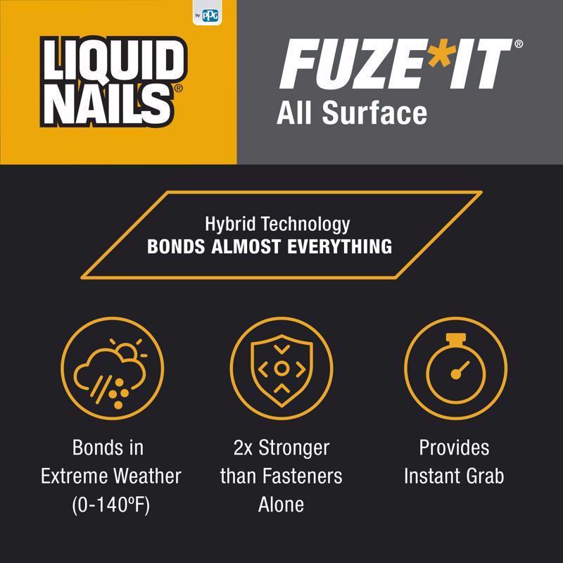 Liquid Nails Fuze-It All Surface High Strength Hybrid Adhesive Gray Adhesive 9 oz