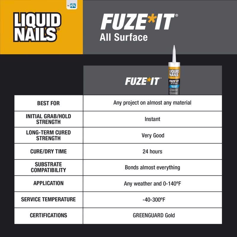 Liquid Nails Fuze-It All Surface High Strength Hybrid Adhesive Gray Adhesive 9 oz