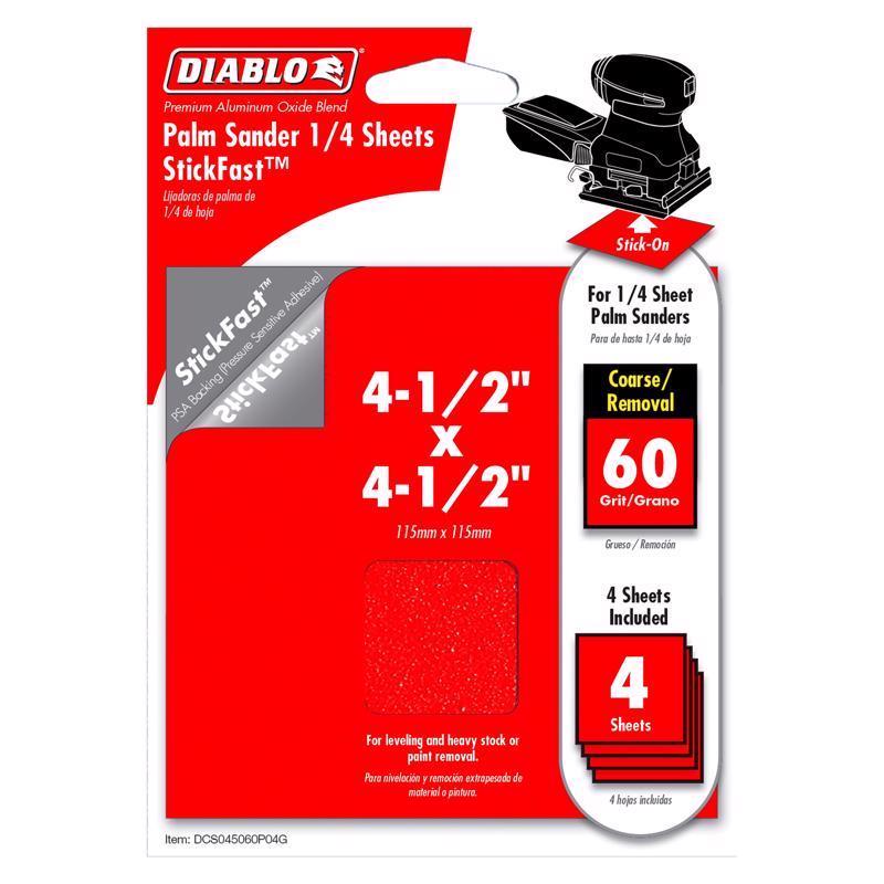 Diablo StickFast 4-1/2 in. L X 4-1/2 in. W 60 Grit Aluminum Oxide Sanding Sheet 4 pk