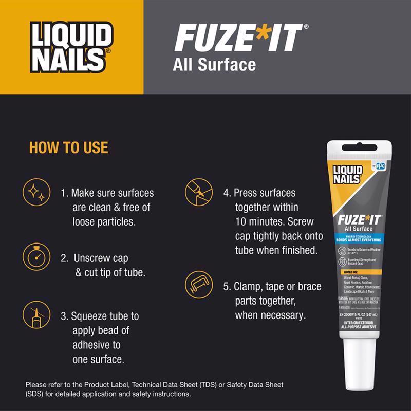 Liquid Nails Fuze It Synthetic Elastomeric Polymer Multi-Surface Adhesive 5 oz