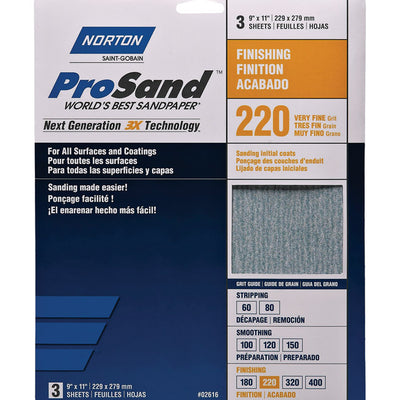 Norton ProSand 11 in. L X 9 in. W 220 Grit Aluminum Oxide Sandpaper 3 pk
