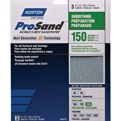 Norton ProSand 11 in. L X 9 in. W 150 Grit Aluminum Oxide Sandpaper 3 pk