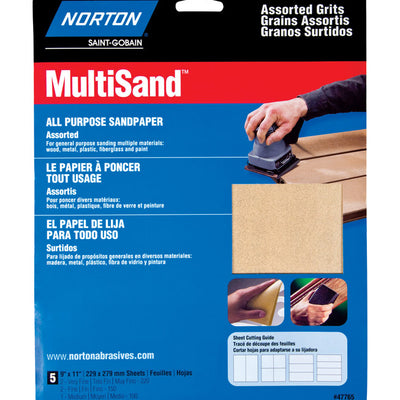 Norton MultiSand 11 in. L X 9 in. W Assorted Grit Aluminum Oxide All Purpose Sandpaper 5 pk