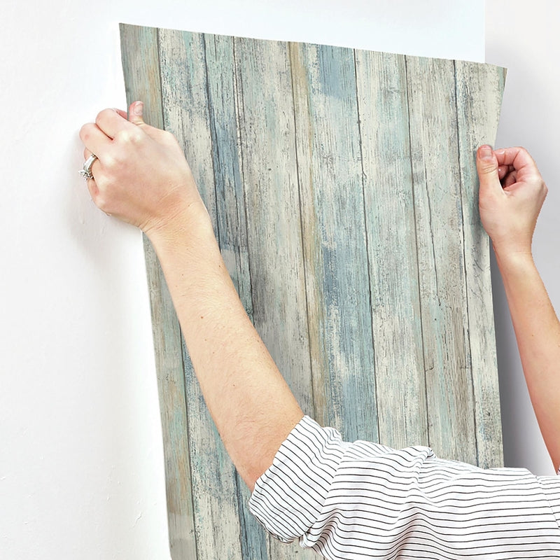 RoomMates 20.5 in. W X 16.5 in. L Distressed Wood Blue Peel and Stick Wallpaper