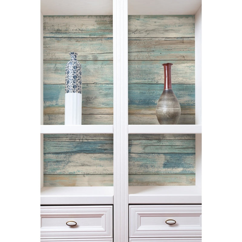 RoomMates 20.5 in. W X 16.5 in. L Distressed Wood Blue Peel and Stick Wallpaper