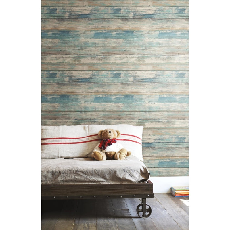 RoomMates 20.5 in. W X 16.5 in. L Distressed Wood Blue Peel and Stick Wallpaper