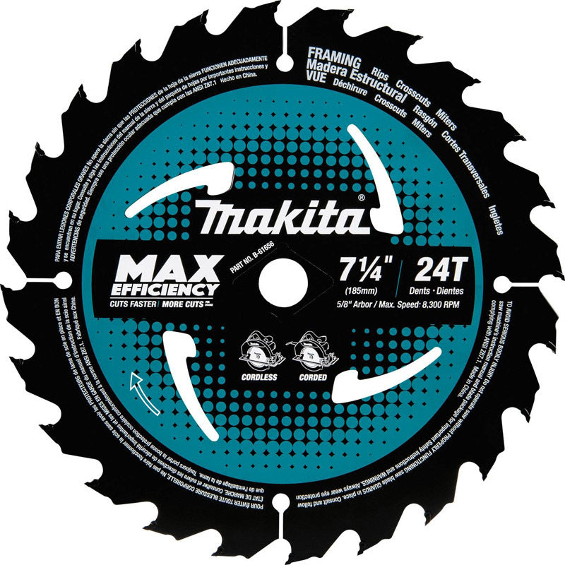 Makita 7-1/4 in. D X 5/8 in. Max Efficiency Carbide Tipped Circular Saw Blade 24 teeth