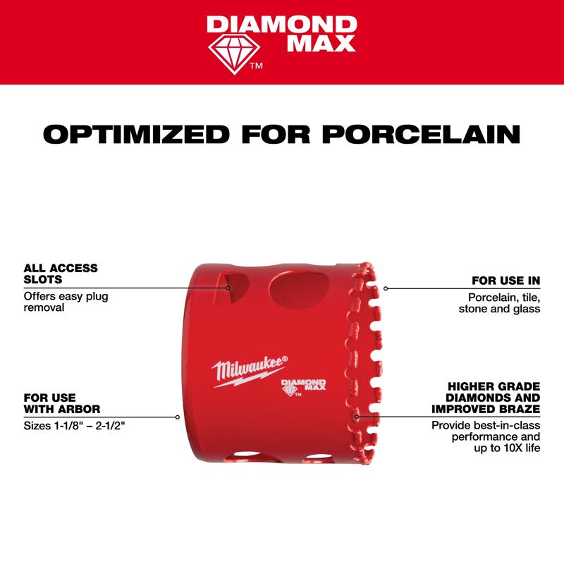 Milwaukee Diamond Max 2-1/2 in. Diamond Grit Glass/Porcelain/Tile/Stone 2-1/2 in. L Hole Saw