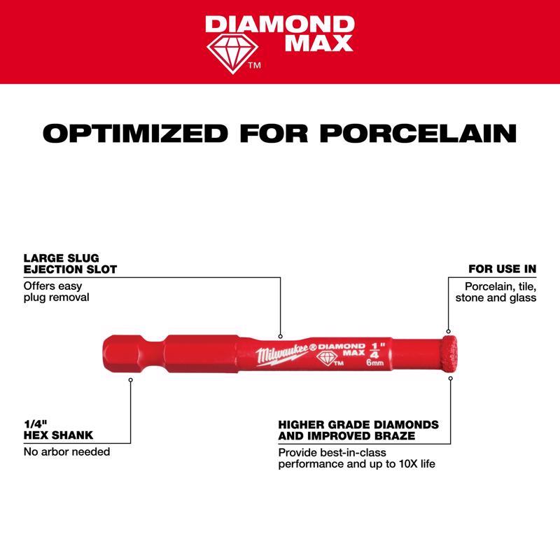 Milwaukee Diamond Max 1/2 in. Diamond Grit Glass/Porcelain/Tile/Stone 3 in. L X 1/4 in. D Hole Saw