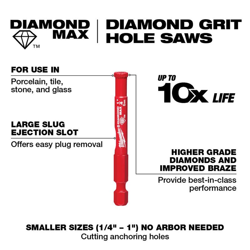 Milwaukee Diamond Max 1 in. Diamond Grit Glass/Porcelain/Tile/Stone 3 in. L X 1/4 in. D Hole Saw