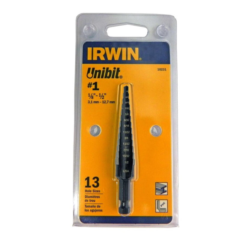Irwin Unibit 1/8 to 1/2 in. High Speed Steel Step Drill Bit Square Shank