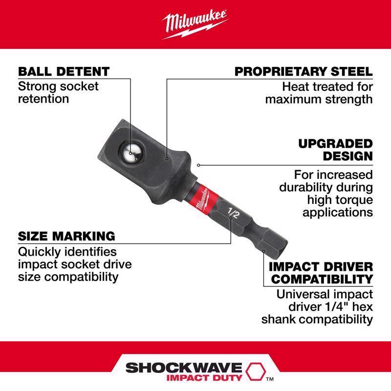 Milwaukee Shockwave Hex/Square 1/2 in. X 2 in. L Socket Adapter Alloy Steel