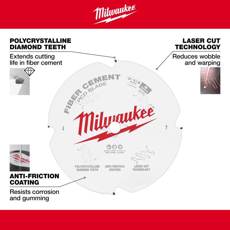 Milwaukee 7-1/4 in. D X 5/8 in. Polycrystalline Diamond Fiber Cement Blade 4 teeth