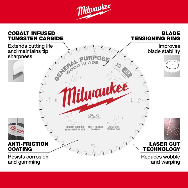 Milwaukee 10 in. D X 5/8 in. General Purpose Tungsten Carbide Saw Blade 40 teeth