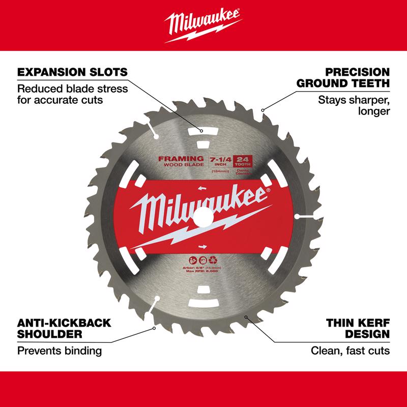 Milwaukee 7-1/4 in. D X 5/8 in. Basic Tungsten Carbide Framing Blade 24 teeth