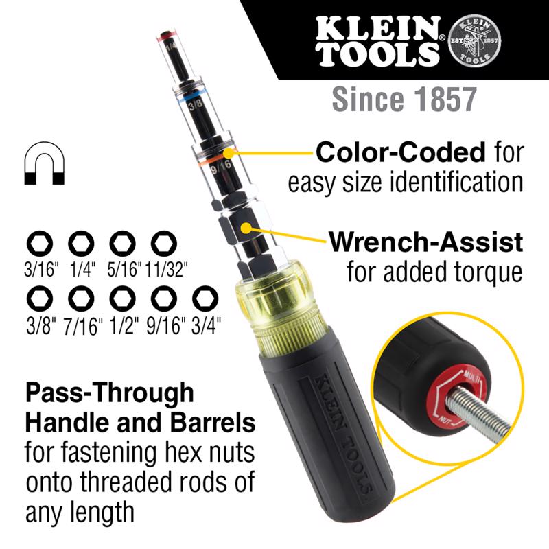 Klein Tools 3/16, 1/4, 5/16, 11/32, 3/8, 7/16, 1/2, 9/16, 3/4 in. Hollow Shaft 9-in-1 Multi-Bit Nutd
