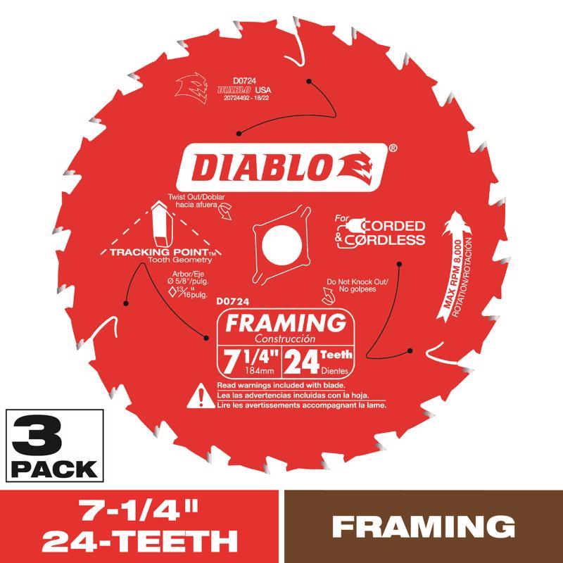 Diablo Tracking Point 7-1/4 in. D X 5/8 in. TiCo Hi-Density Carbide Framing Saw Blade 24 teeth 3 pk