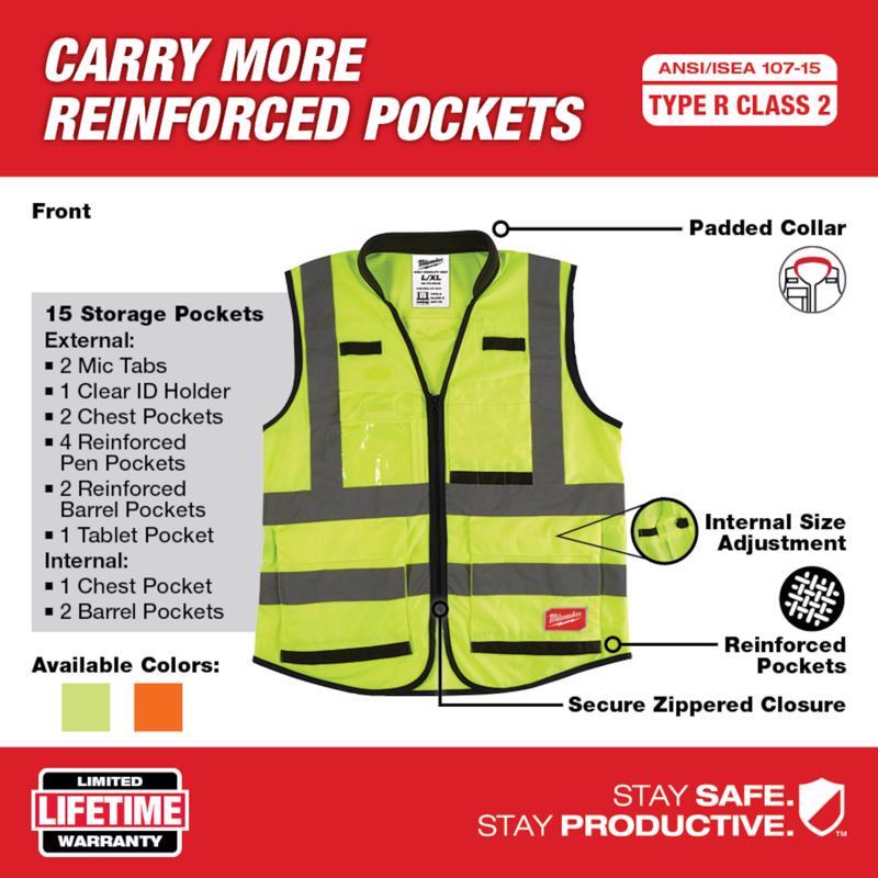 Milwaukee Class 2 with 15 Pockets Performance Safety Vest High Visibility Yellow S/M