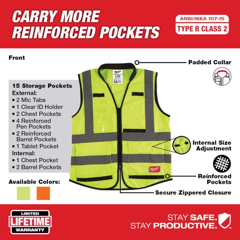 Milwaukee Class 2 with 15 Pockets Performance Safety Vest High Visibility Yellow L/XL