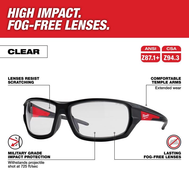 Milwaukee Anti-Fog Performance Safety Glasses Clear Lens Black/Red Frame