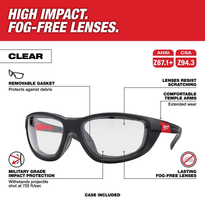 Milwaukee Anti-Fog Performance Safety Glasses with Gasket Clear Lens Black/Red Frame