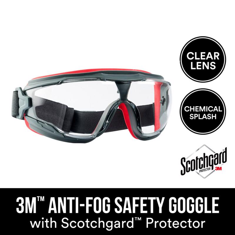 3M Scotchgard Anti-Fog Modern/Sleek Safety Goggles Clear Lens Gray/Red Frame