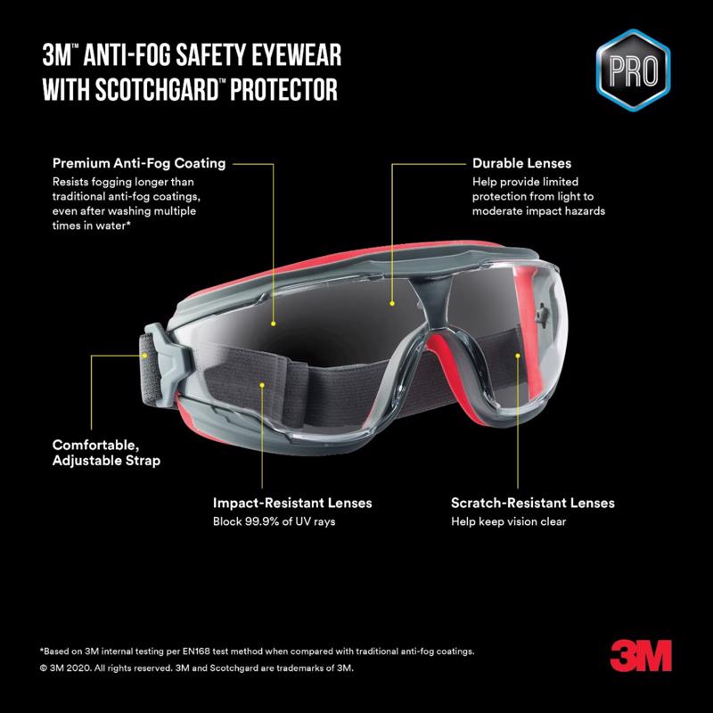 3M Scotchgard Anti-Fog Modern/Sleek Safety Goggles Clear Lens Gray/Red Frame
