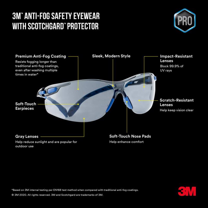 3M Scotchgard Anti-Fog Modern/Sleek Impact-Resistant Safety Glasses Gray Lens Black/Blue Frame