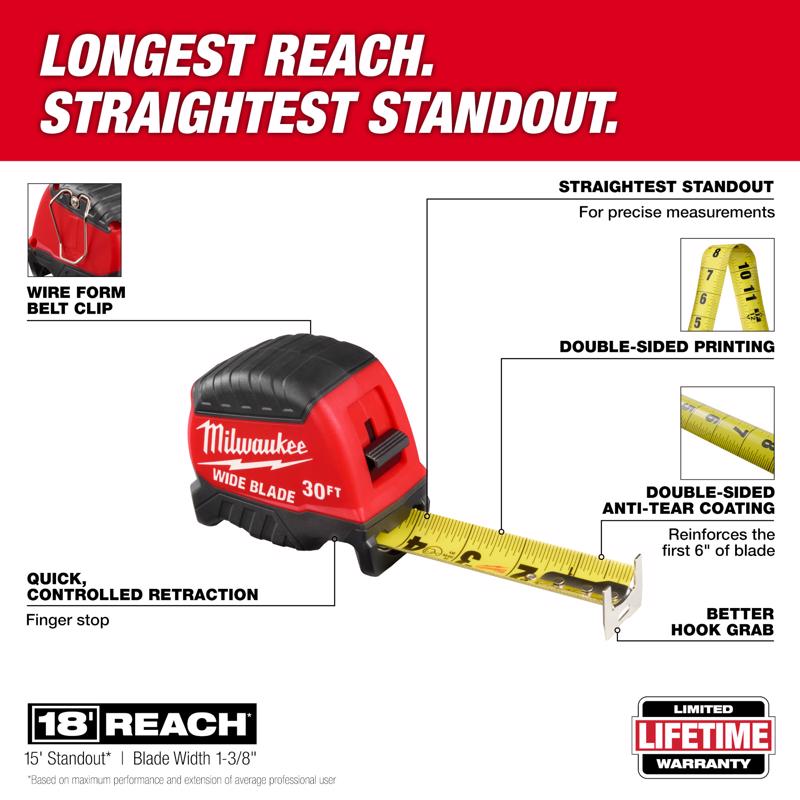 Milwaukee 30 ft. L X 1-1/8 in. W Compact Wide Blade Tape Measure