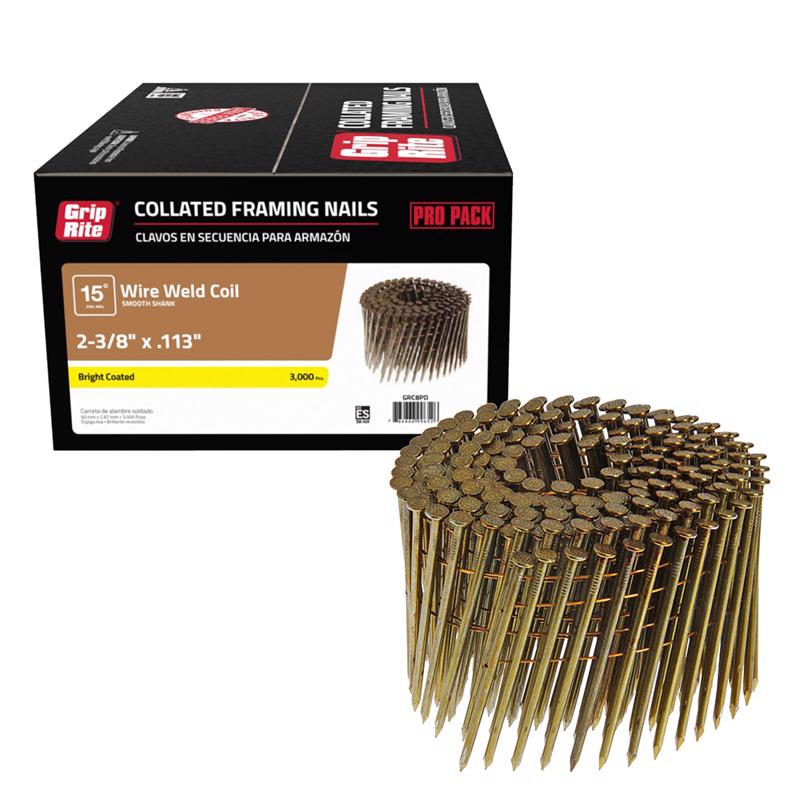 Grip-Rite 2-3/8 in. L Wire Coil Bright Framing Nails 15 deg 3000 pk