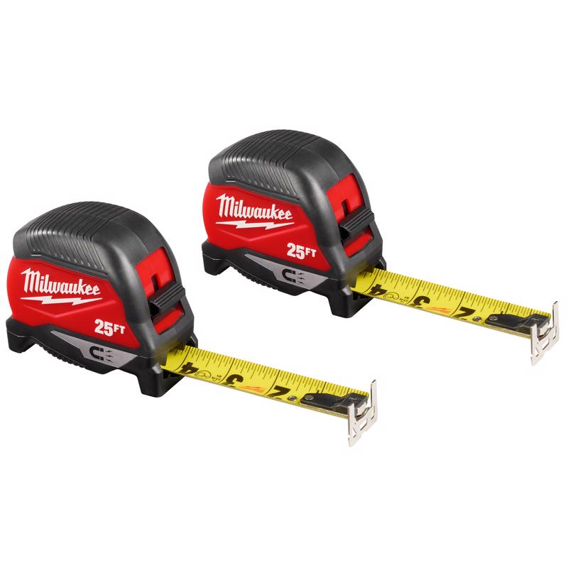 Milwaukee 25 ft. L X 1 in. W Compact Wide Blade Magnetic Tape Measure 2 pk
