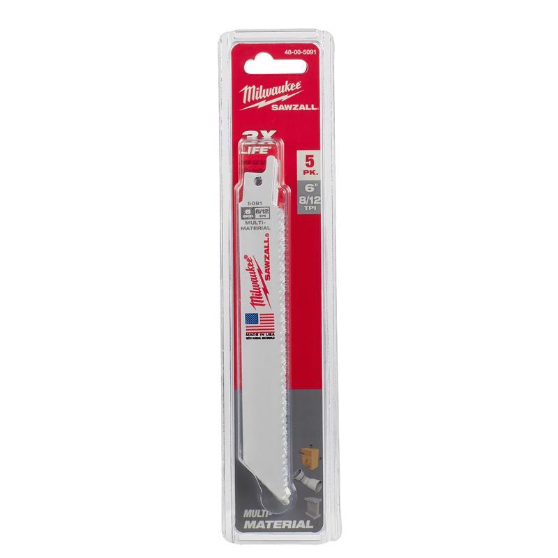 Milwaukee SAWZALL 6 in. Bi-Metal Thin Kerf Reciprocating Saw Blade 8/12 TPI 5 pk
