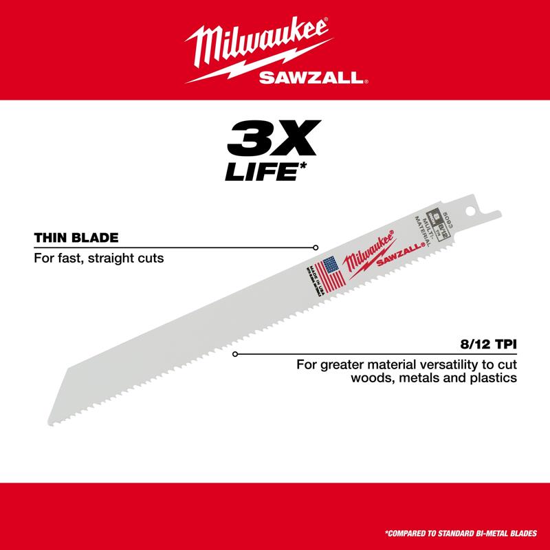 Milwaukee Sawzall 12 in. Bi-Metal Thin Kerf Reciprocating Saw Blade 8/12 TPI 5 pk