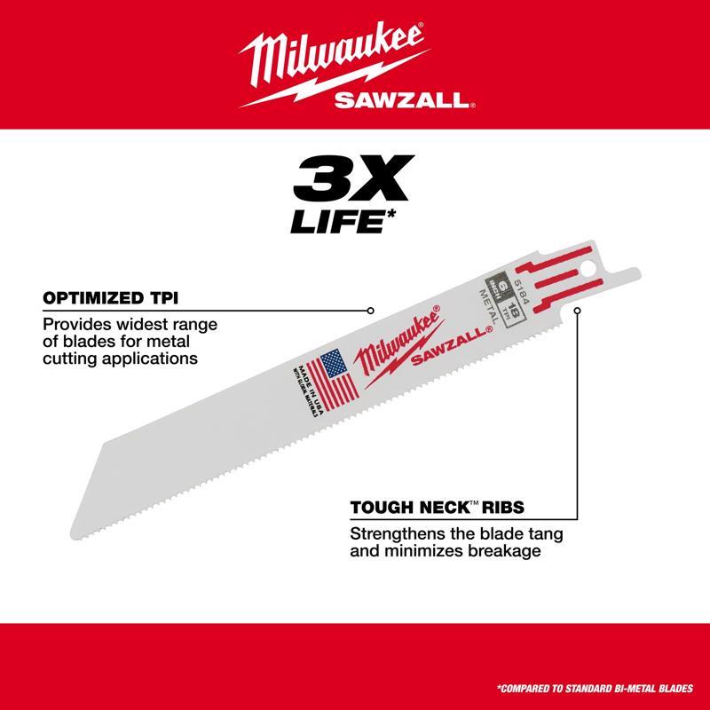 Milwaukee Sawzall 6 in. Bi-Metal Double Duty Upgrade Reciprocating Saw Blade 18 TPI 5 pk
