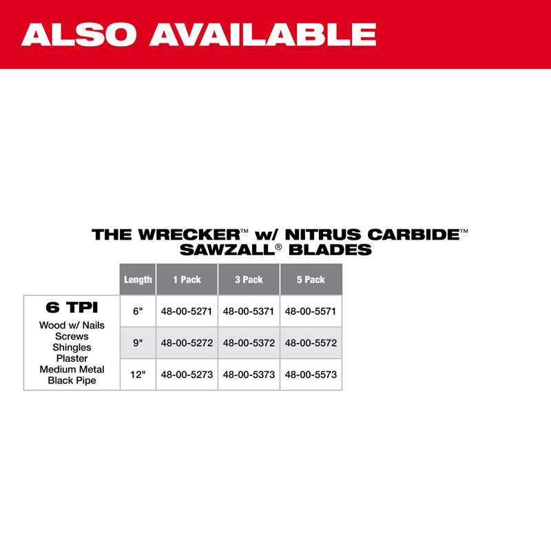 Milwaukee Wrecker 9 in. Carbide Tipped Reciprocating Saw Blade 6 TPI