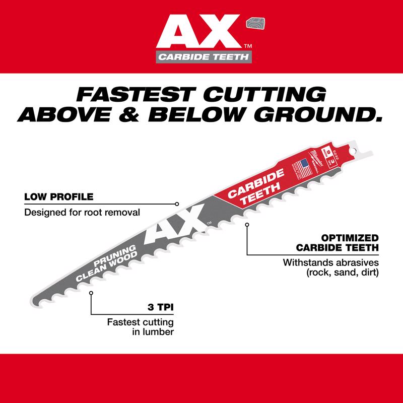Milwaukee AX Sawzall 9 in. Carbide Pruning & Clean Wood Reciprocating Saw Blade 3 TPI