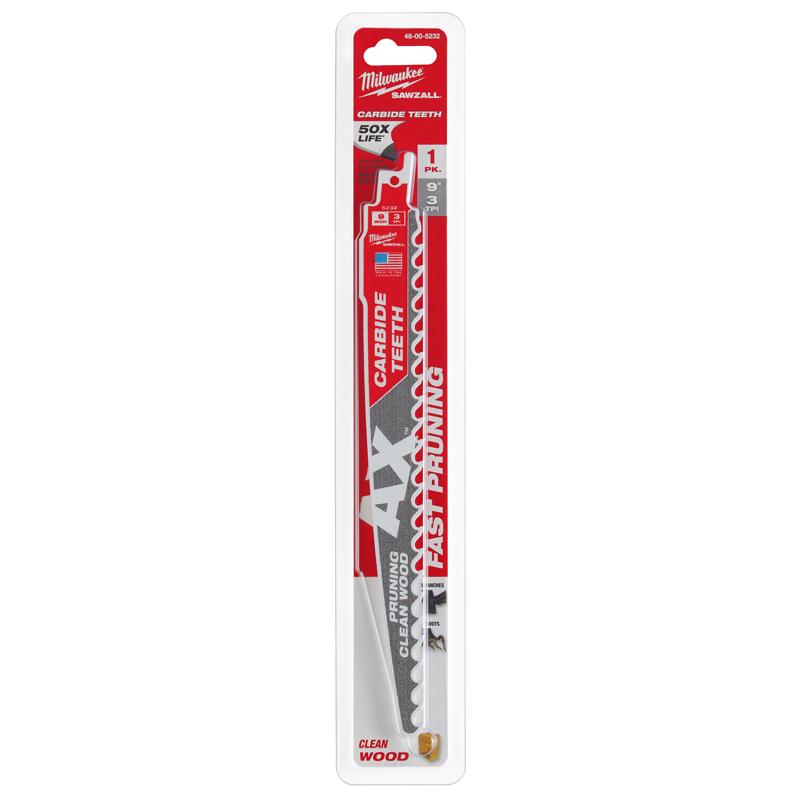 Milwaukee AX Sawzall 9 in. Carbide Pruning & Clean Wood Reciprocating Saw Blade 3 TPI