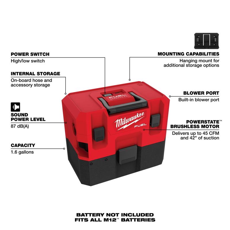Milwaukee M12 FUEL 0960-20 1.6 gal Cordless Wet/Dry Vacuum Tool Only 12 V