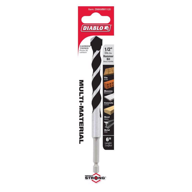 Diablo 1/2 in. X 6 in. L Multi-Material Carbide Tipped Hammer Drill Bit Hex Shank