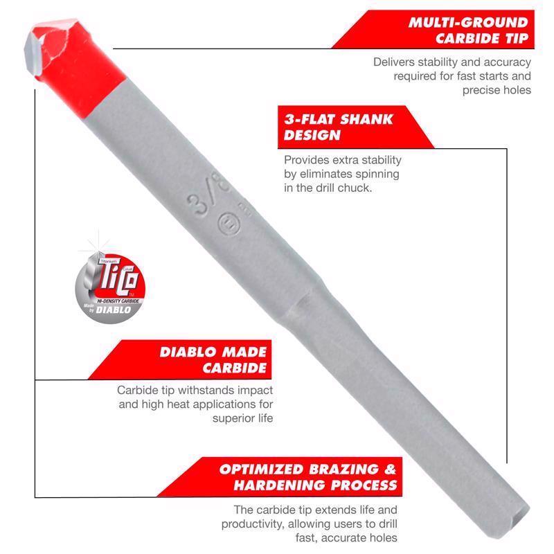 Diablo 1/2 in. X 3-3/4 in. L Carbide Tipped Tile and Stone Drill Bit 3-Flat Shank