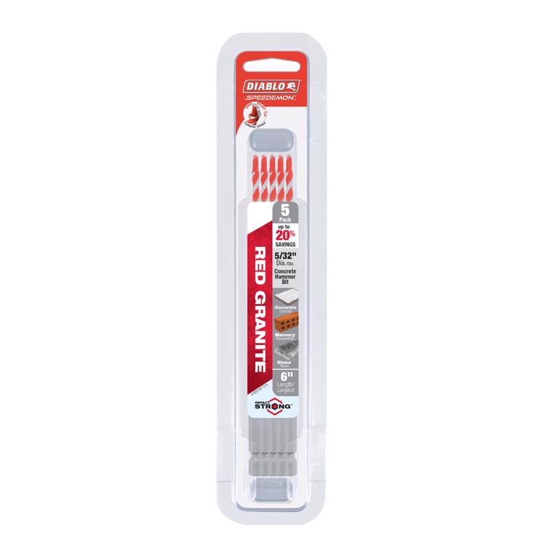 Diablo SPEEDemon 5/32 in. X 6 in. L Carbide Tipped Red Granite Hammer Drill Bit Hex Shank 5 pk