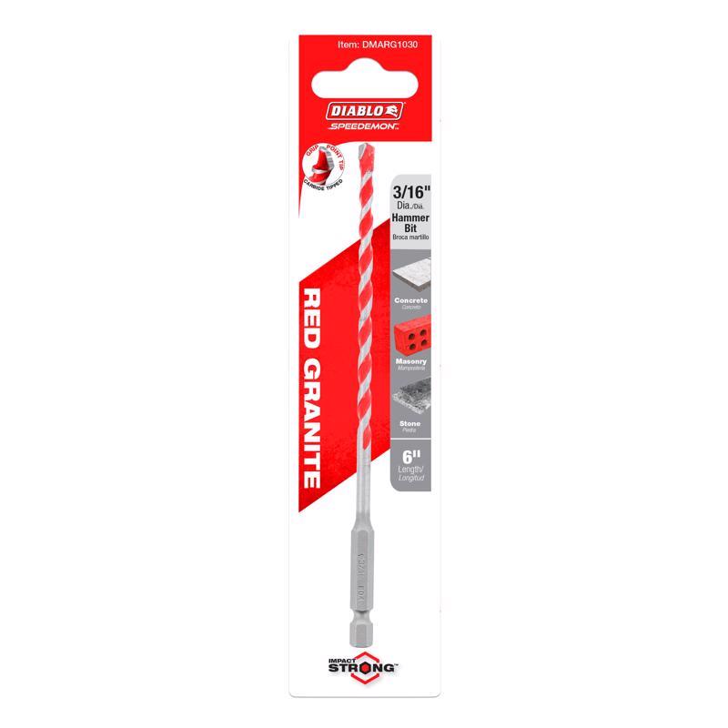 Diablo SPEEDemon 3/16 in. X 6 in. L Carbide Tipped Red Granite Hammer Drill Bit Hex Shank