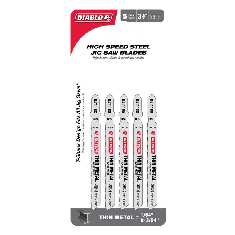 Diablo 3-5/8 in. High Speed Steel T-Shank Thin Metal Jig Saw Blade 36 TPI 5 pk